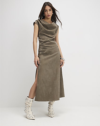 Khaki Hammered Effect Cowl Neck Midi Dress