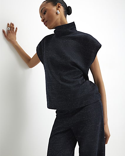 Navy High Neck Glitter Top