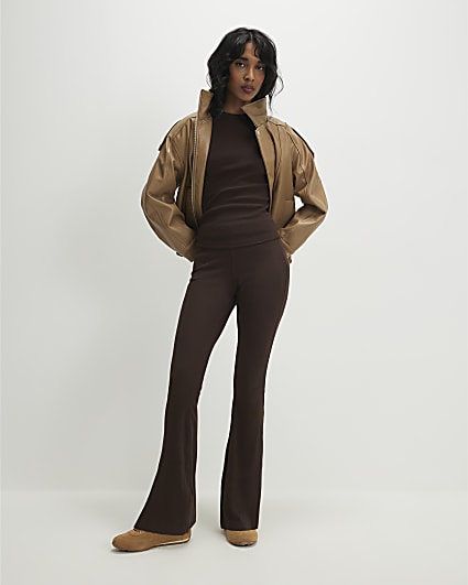 Brown High Waisted Ribbed Flare Leggings