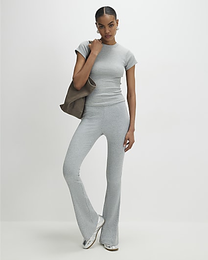 Grey High Waisted Ribbed Flare Leggings