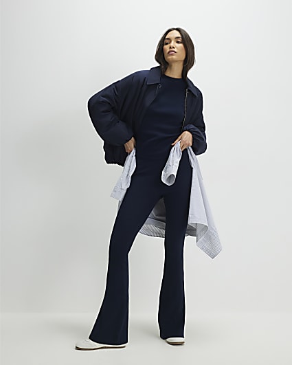 Navy High Waisted Ribbed Flare Leggings