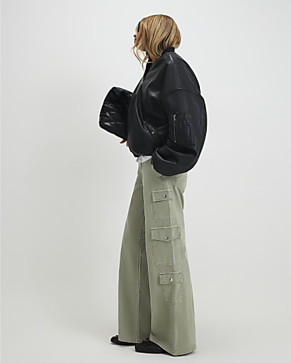 Green Denim Straight Leg Cargo Trousers