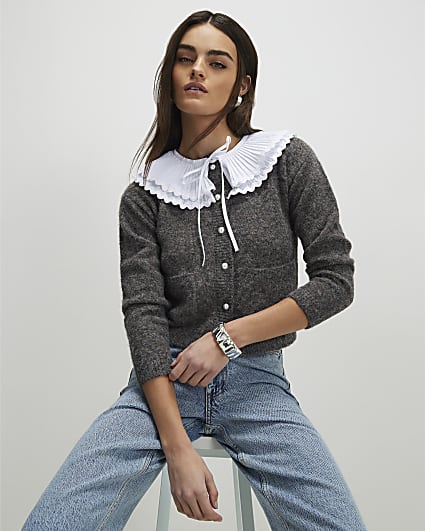 Grey Pleated Collar Cardigan