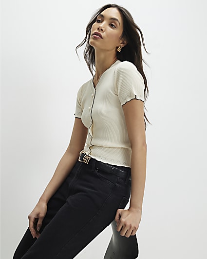 Cream Knitted Frill Trim Ribbed Top