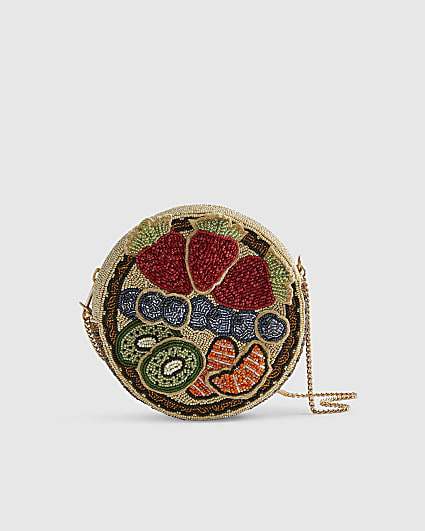 Beige Beaded Fruit Tart Crossbody Bag