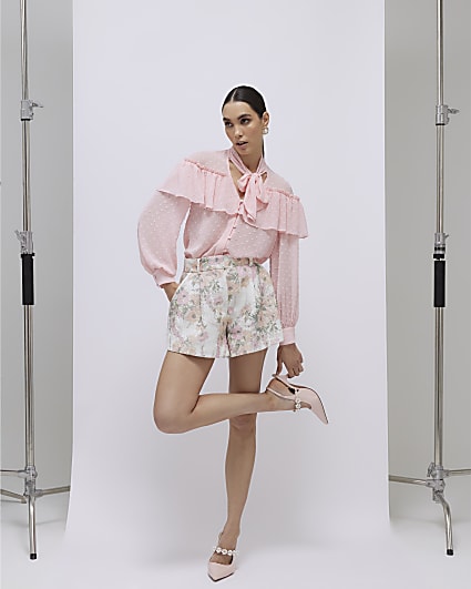 Pink Ruffle Tie Neck Blouse