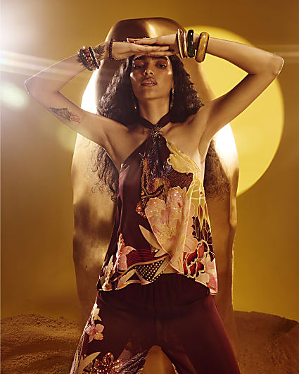 Brown Floral Oriental Halter Neck Top