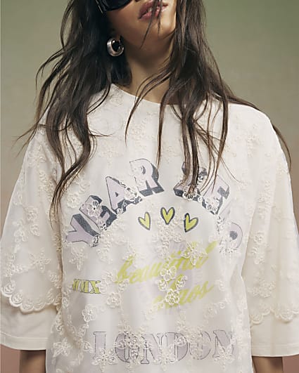 Cream Year Zero Lace Overlay T-Shirt