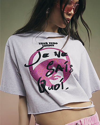 Grey Year Zero Embellished Crop T-Shirt