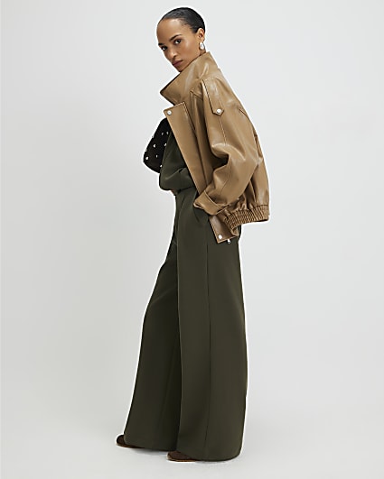 Khaki Tailored Wide Leg Trousers