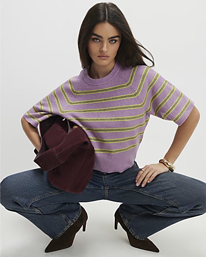 Purple Short Sleeve Striped Jumper