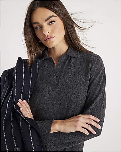 Grey Long Sleeve Cosy Collared Sweatshirt