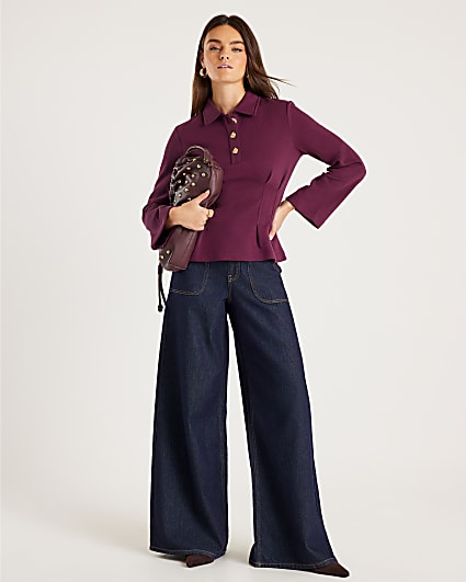 Red Cinched Waist Button Collar Sweatshirt