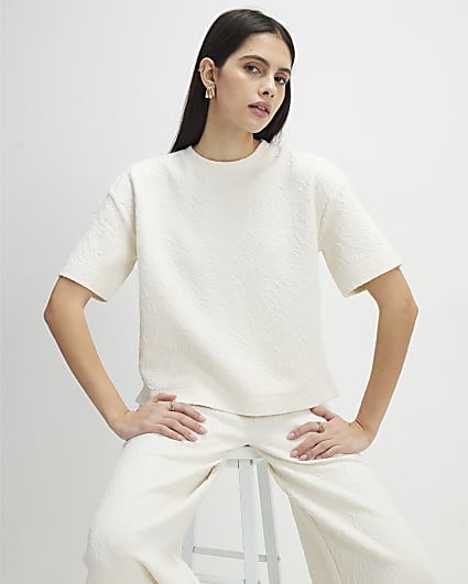 Cream Short Sleeve Jacquard Boxy T-shirt