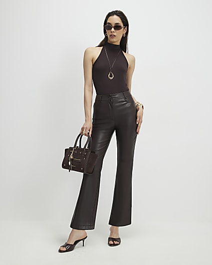 Brown Faux Leather Cropped Flared Trousers