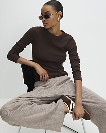 Beige Knitted Wide Leg Ribbed Trousers