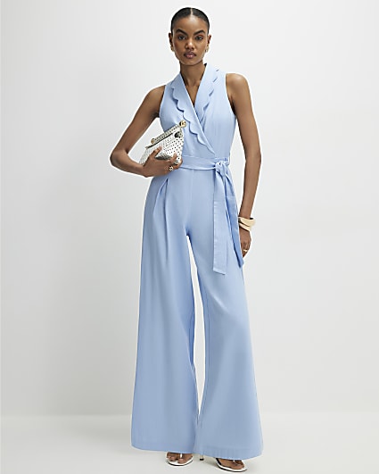 Blue Scallop Trim Linen Blend Jumpsuit