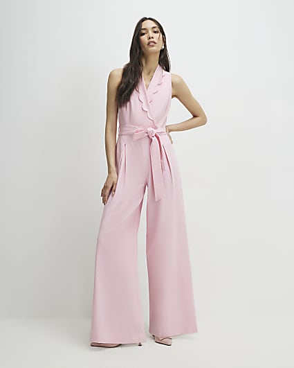 Pink Linen Blend Scallop Trim Jumpsuit