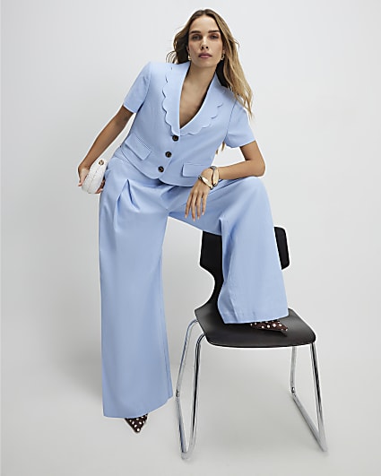 Blue Linen Blend Scallop Wide Leg Trousers