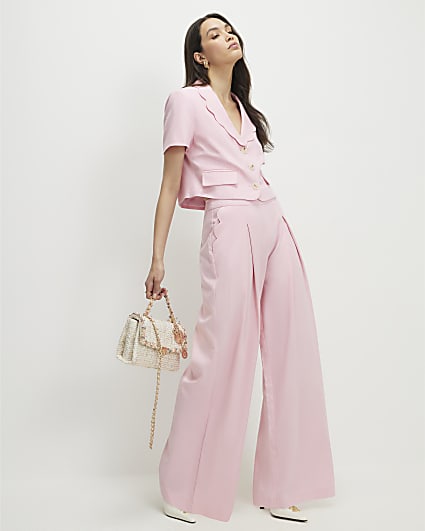 Pink Linen Blend Scalloped Wide Leg Trousers