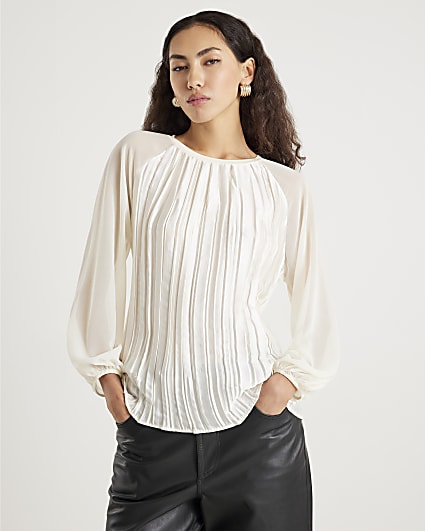 Cream Pleat Front Sheer Sleeve Blouse