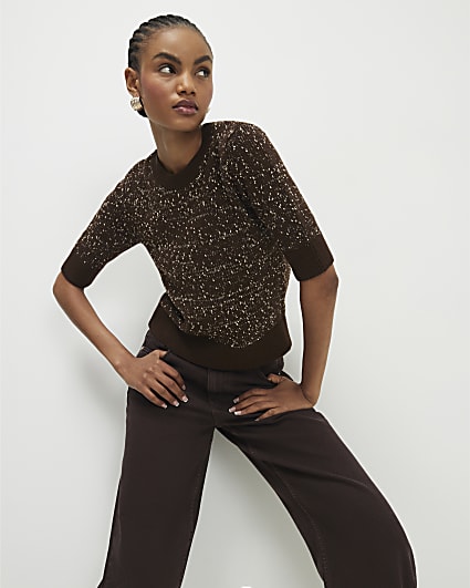 Brown Textured Knit Short Sleeve Top