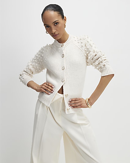 Cream Knitted Bobble Sleeve Cardigan
