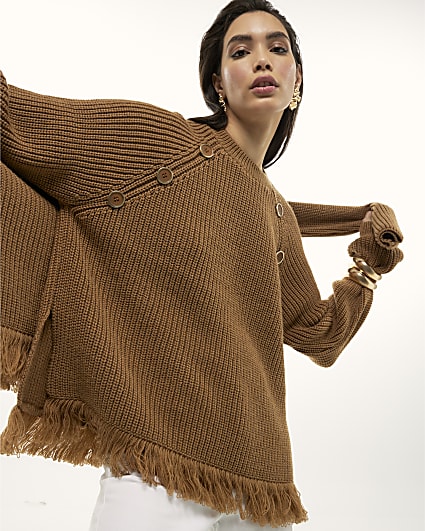 Brown Knitted Long Sleeve Fringed Hem Jumper