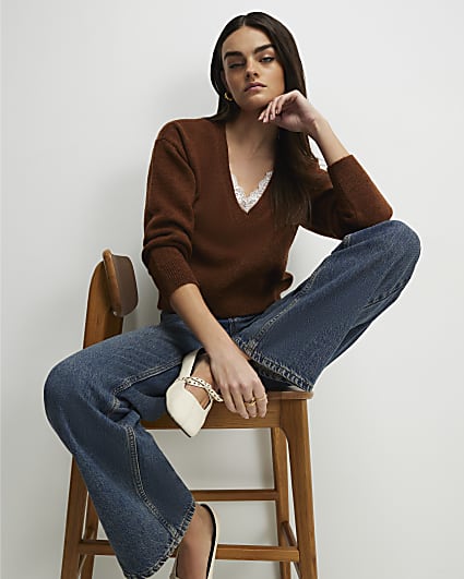 Brown V Neck Lace Trim Jumper