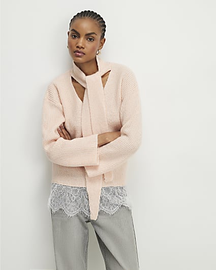 Pink Scarf Neck Lace Hem Jumper