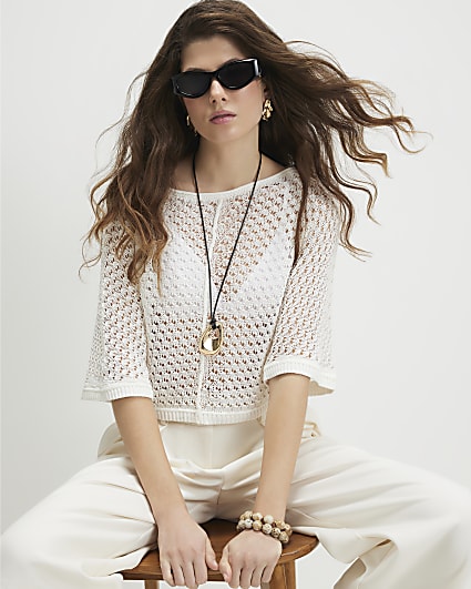 White Open Stitch Knitted T-Shirt
