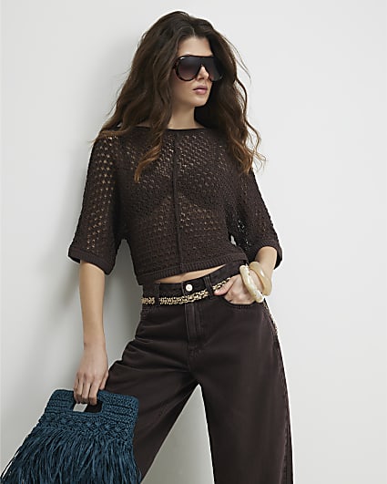 Brown Open Stitch Knitted T-Shirt
