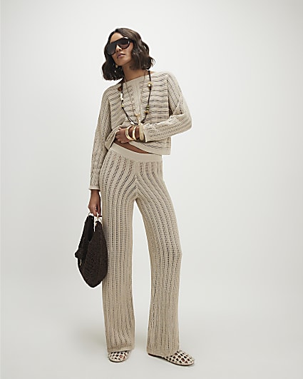 Beige Wide Leg Knitted Trousers