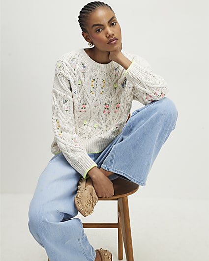 Cream Floral Embroidered Jumper