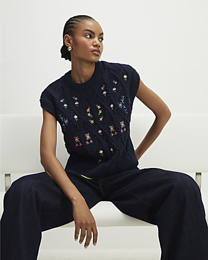 Navy Floral Embroidered Knit Tank Top