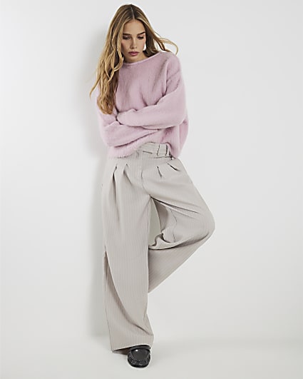 Grey Pinstripe Wide Leg Trousers