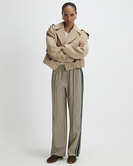 Beige Check Side Stripe Wide Leg Joggers
