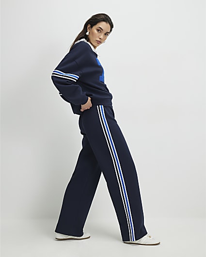 Navy Wide Leg Side Stripe Joggers