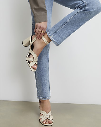 Cream Studded Scallop Edge Block Heel Sandals