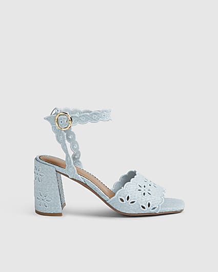 Blue Broderie Block Heel Sandals