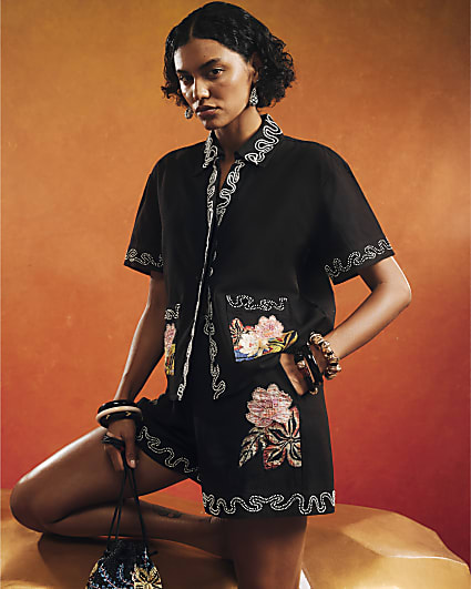 Black Beaded Floral Shorts