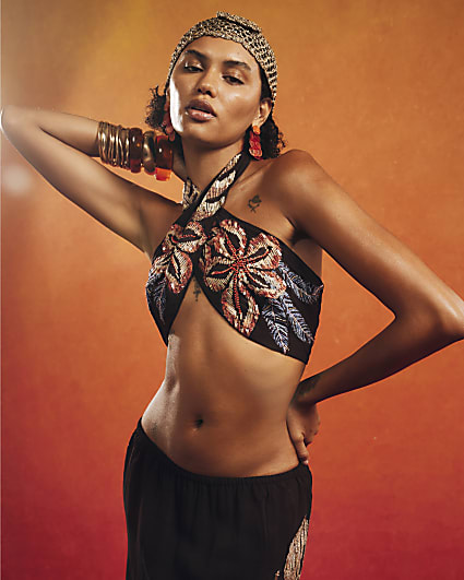 Black Beaded Floral Halter Neck Crop Top