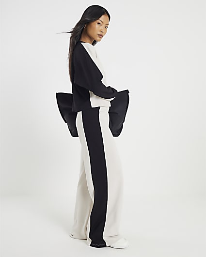 Petite Cream Colour Block Wide Leg Trousers