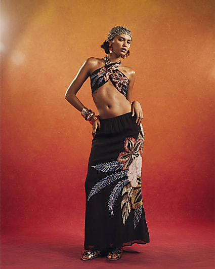 Black TDH P Beaded Floral Maxi Skirt