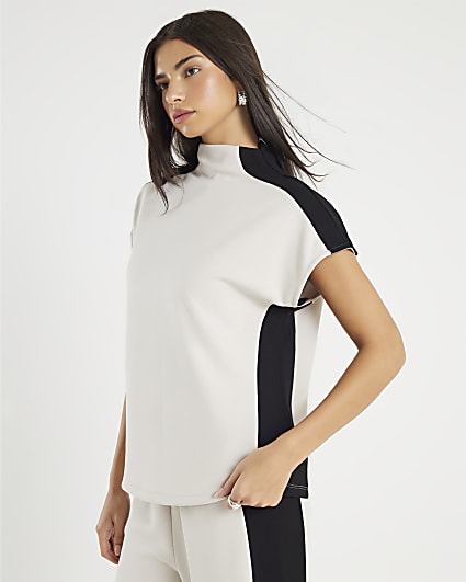 Cream Short Sleeve Colour Block High Neck Top