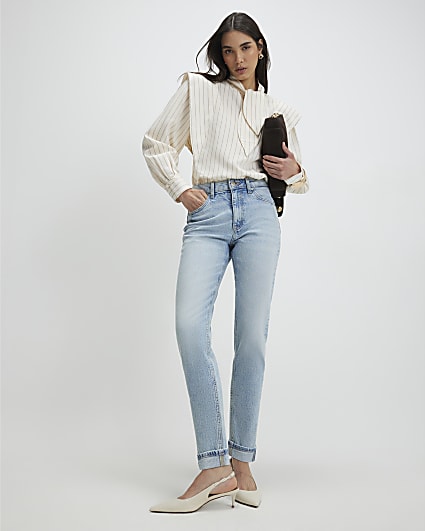 Blue Mid Rise Mom Sculpt Jeans