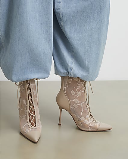 Pink Lace Pointed Toe Ankle Boots