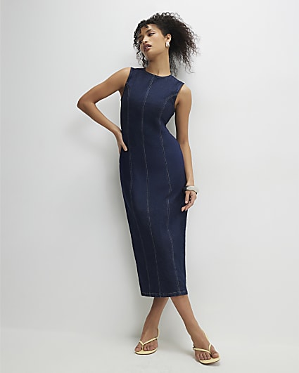 Blue Sculpt Bodycon Denim Midi Dress