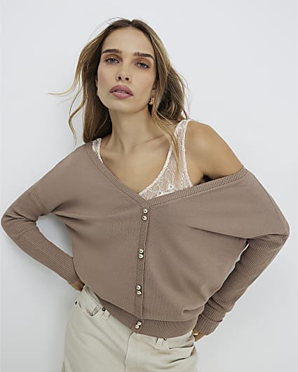 Beige V Neck Button Jumper