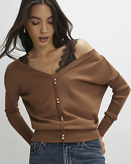 Brown V Neck Button Jumper